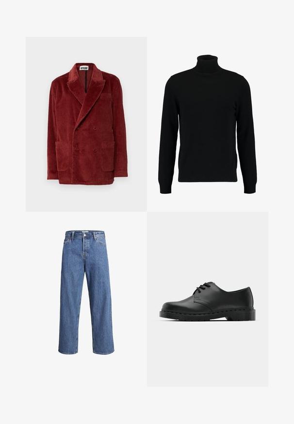 Červený kordurový dvojřadový kabát s širokými klopami, dvěma předními kapsami a texturovanou tkaninou, která se vyznačuje vertikálními žebrovanými vzory.; Černý rolák vyrobený z měkkého pleteného materiálu. Má dlouhé rukávy, žebrovaný límec a lem. Jednoduchý, elegantní design bez vzorů.; Světle modré džíny z denimu s rovnými nohavicemi, vysokým pasem a minimem švů. Látka má jemnou, lehce vybledlou strukturu.; Černé kožené oxfordy s šněrováním, zakulacenou špičkou, plochou gumovou podrážkou a jemným prošíváním podél svršku.