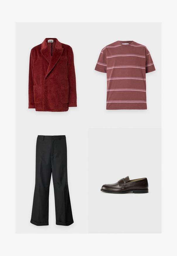 Red corduroy double-breasted jacket with wide lapels, two front pockets, and textured fabric, featuring vertical ribbed patterns.; Maroon T-shirt with horizontal pink stripes, round neck, short sleeves, and a relaxed fit. Made of soft cotton material.; Black wide-leg trousers with buttoned waistband and cuffed hems, displayed against a plain white background.; Calvin Klein Slip-ons - cocoa brown
