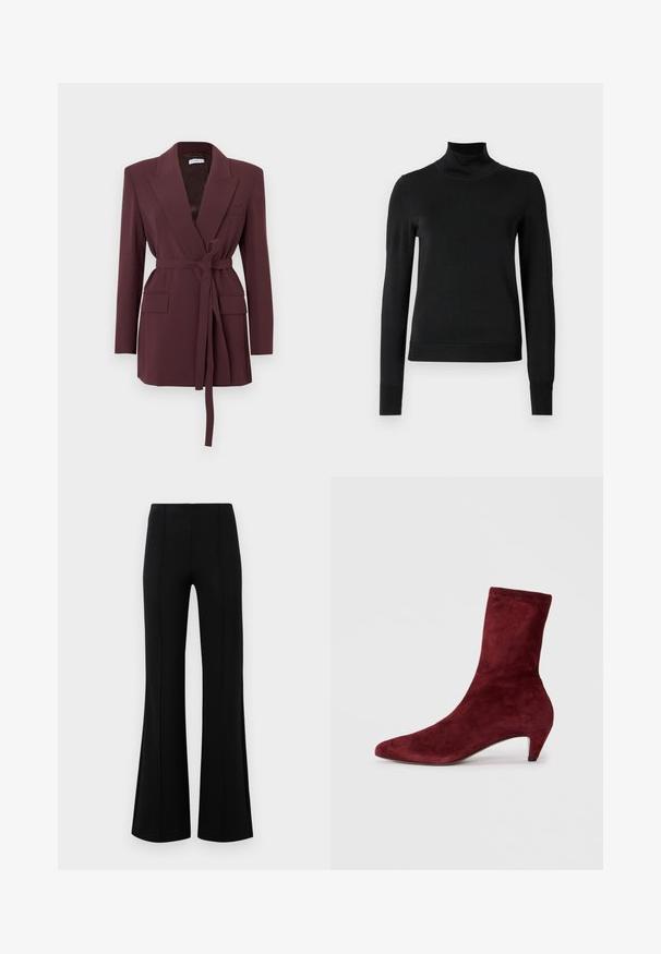 Burgundy blazer with long sleeves, notched lapels, front pockets, and a tied belt at the waist. Smooth fabric with a tailored fit.; Black long-sleeve turtleneck sweater with ribbed cuffs and hem, displayed on a plain white background.; Black flared pants with a high waist, made of stretchy fabric. Features vertical seam details on the front and a smooth texture.; Burgundy suede ankle boot with a pointed toe and low heel. Smooth texture and fitted design with no visible hardware or patterns.