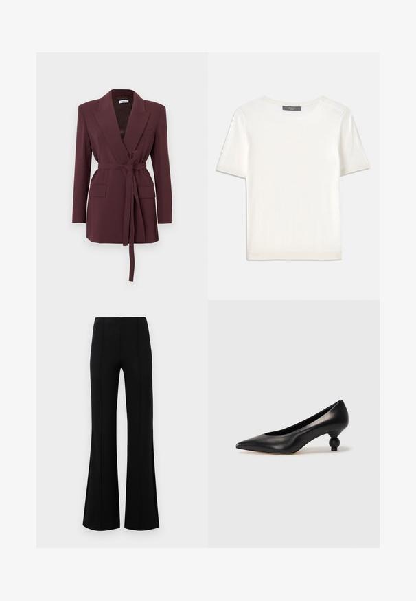 Blazer burdeos con mangas largas, solapas con muesca, bolsillos delanteros y cinturón atado en la cintura. Tela lisa con un ajuste entallado.; Top de punto corto de manga blanca con cuello redondo, que presenta una textura suave y sutiles detalles acanalados en las mangas y el dobladillo.; Pantalones acampanados negros de cintura alta, fabricados en tejido elástico. Presentan detalles de costura vertical en la parte delantera y una textura suave.; Zapato de tacón alto de cuero negro con puntera afilada y un tacón redondeado y abombado. Textura suave con un diseño elegante y minimalista.