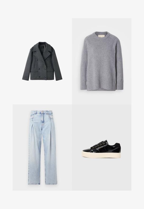 Šedý vlněný směsový dvouřadý peacoat s klopami, dvěma bočními kapsami a knoflíkovými zapínáními, který se vyznačuje strukturovaným tvarem a texturovanou tkaninou.; Světlě šedý dlouhý rukáv, svetr s kulatým výstřihem, s ribbenými manžetami a lemem, vyrobený z měkké pleteniny.; Světlé modré džíny z denimu s vysokým pasem, širokým střihem, dvěma bočními kapsami a nařaseným designem. Měkká textura s vybledlým povrchem.; Černé lakované tenisky s plochou krémovou podrážkou. Obsahují černé tkaničky, zlaté očka a detail loga na boku. Design s kulatou špičkou.