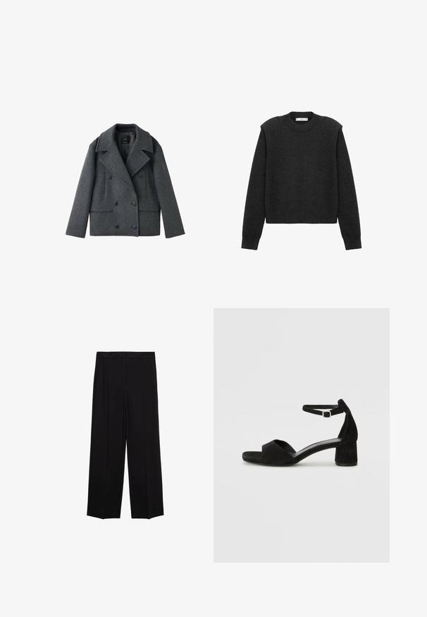 Grijze wolblend dubbelzijdige pakhuisjas met gesneden revers, twee zijzakken en knoopsluitingen, met een gestructureerde vorm en textuurstof.; Donkergrijze, cropped trui met lange mouwen, een ronde halslijn en een gestructureerde afwerking. Eenvoudig ontwerp zonder patronen of versieringen.; Zwarte wijde broek van een gladde stof, met plooien aan de voorkant en zijzakken, ontworpen met een rechte, relaxte snit.; Zwarte suede hakken met een dunne enkelband, open teen ontwerp en een bescheiden blokhak. Zachte textuur en minimale accenten.