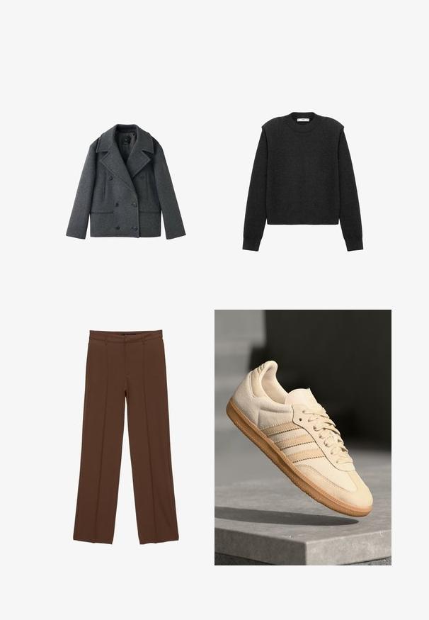 Šedý vlnený dvojradový kabát so záševkami, dvomi bočnými vreckami a gombíkovým zapínaním, vyznačujúci sa štruktúrovaným tvarom a textúrovanou látkou.; Tmavo šedý, skrátený sveter s dlhými rukávmi, okrúhlym výstrihom a textúrovaným povrchom. Jednoduchý dizajn bez vzorov alebo ozdôb.; Hnedé nohavice s širokými nohavicami vyrobené z hladkej tkaniny, s plochým predným dielom, dvoma prednými vreckami a s prelisovanými záhybmi pre upravený vzhľad.; Svetlo béžová semišová teniska s gumovou podrážkou, tromi diagonálnymi pruhmi a textúrovaným špičkovým krytom. Obsahuje logo na jazyku a boku.