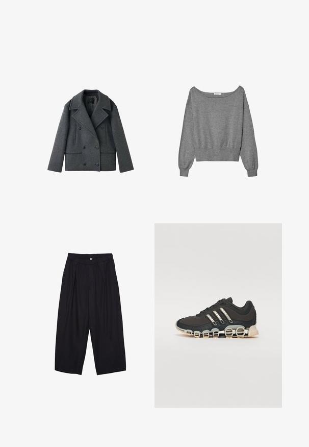 Grauer Wollmix doppelreihiger Peacoat mit Reverskragen, zwei seitlichen Taschen und Knopfverschlüssen; zeichnet sich durch eine strukturierte Form und einen strukturierten Stoff aus.; Grau geschnittenes Sweatshirt aus weichem Stoff, mit einem schulterfreien Design, langen Ballonärmeln und einem gerippten Saum.; Schwarze Polyester-Culotte mit einem elastischen Bund, zwei vorderen Falten und einer lockeren Silhouette. Keine sichtbaren Muster oder Hardware-Details.; Schwarzer Sportschuh mit einer strukturierten Oberseite, drei silbernen Streifen und einer markanten Dämpfungssohle mit mehreren integrierten Sektionen.