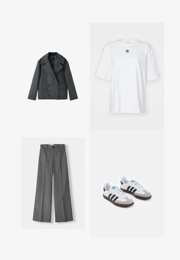 Grijze wolblend dubbelzijdige pakhuisjas met gesneden revers, twee zijzakken en knoopsluitingen, met een gestructureerde vorm en textuurstof.; Witte korte mouwen t-shirt van katoen. Voorzien van een ronde hals en een klein zwart Adidas-logo op de borst. Rechthoekige zoom.; Grijze wijde broek met een streepjespatroon, voorzien van een knoopsluiting en twee voorkleppen. Gemaakt van gestructureerde stof.; Sportschoenen met een witte leren bovenkant, grijze suède neus en drie zwarte strepen. Bevat een blauw logo op de tong en een gestructureerde rubberen zool.