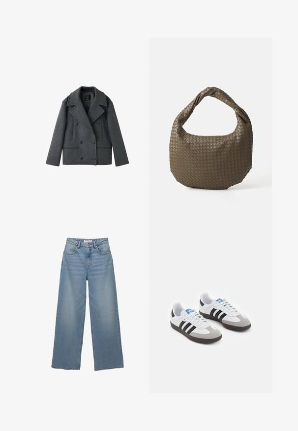 Grå ullblandning dubbelknäppt sjömansrock med slagkrage, två sidofickor och knäppning med knappar, som har en strukturerad form och textil med textur.; Vit kortärmad T-shirt i bomull. Har rund halsringning och en liten svart Adidas-logotyp på bröstet. Rakt skuren fåll.; Ljusblå vida jeans i denim. Utrustade med hög midja, fem fickor och rak passform med minimal blekning.; Sportskor med överdel i vit läder, grå mocka på tårna och tre svarta ränder. Har en blå logotyp på tungan och en texturerad gummisula.; Vävd olivgrön handväska med rund form och vriden handtag. Texturerad yta har ett diagonalt mönster. Dragkedjestängning.