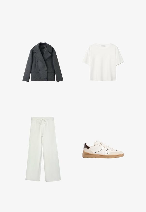 Siva volnena mešanica dvoredne pomorske jakne z ovratnikom z zarezo, dvema stranskima žepoma in gumbnimi zapiranji, ki se ponaša s strukturirano obliko in teksturirano tkanino.; Bela kratka majica s kratkimi rokavi iz bombaža. Ima okroglo izrezovanje in sproščen kroj. Gladka tekstura brez vidnih vzorcev ali poudarkov.; Bele široke hlače iz mehkega blaga. Imajo elastičen pas s vrvico in gladko teksturo. Brez vidnih vzorcev ali kovinskih delov.; Stradivarius Športni copati - white