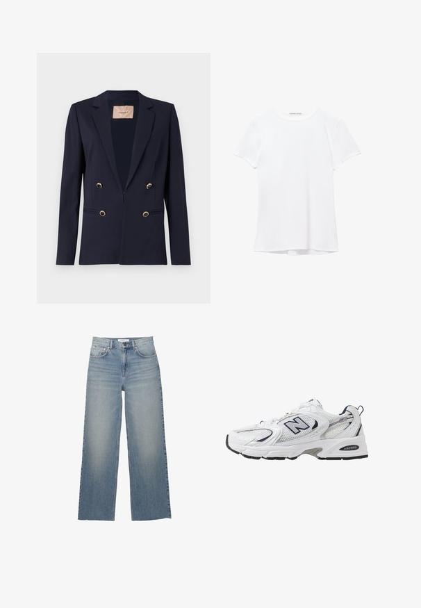 Marineblauwe blazer van zachte stof, met een notch-lapel, dubbele gouden knoopsluitingen en zijzakken.; Witte short-sleeve t-shirt van gladde stof, met een ronde halslijn en subtiele stiksels bij de zoom.; Lichtblauwe wijdleg jeans van denim, met een hoge taille, voorzakken en een knoopsluiting. Soepele textuur met vervaagde gebieden.; Witte sport schoen met mesh bovenkant, marineblauwe accenten en een gehoorzaamde zool. Bevat het "N" logo, veters en een gestructureerde detail aan de zijkant.