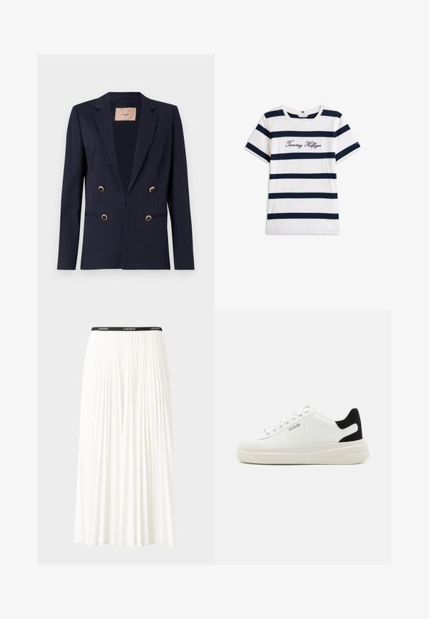 Tumsā zila žakete, izgatavota no mīksta auduma, ar iedobtu apmale, dubultā slēgšanas ar zeltītām pogām un sānu kabatām.; Kokvilnas T-krekls ar horizontālām tumši zilām svītrām uz balta fona. "Tommy Hilfiger" izšūts skriptā uz krūšu daļas. Cauruma apkakle.; Gari plānas baltas svārku ar melnu elastīgu jostu, uz kuras redzams "LACOSTE" logo. Vidēja garuma dizains ar mīkstu tekstūru.; Baltas ādas sporta apavi ar biezu balto zoli, melna zamša uzpura un izspiestais logotips sānos. Šņorējuma dizains ar sešiem acu caurumiem.