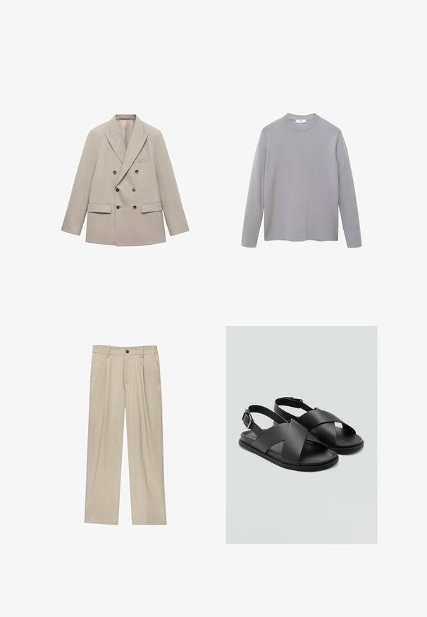 Bež dvoredni sako od glatke tkanine, s reverima na ulazu, dva prednja džepa i šest tamnih dugmadi.; Siva majica dugih rukava od mekog, glatkoga materijala. Ima okrugli izrez, minimalistički dizajn i ravni rub bez dodatnih ukrasa.; Bež hlače ravnog kroja s jednim crnim gumbom, petljama za remen i bočnim džepovima. Glatka tekstura tkanine i minimalistički dizajn.; Crne sandale s dizajnom preklapanja traka, napravljene od glatkog materijala, s ravnim đonom i podesivom kopčom na traci oko pete.