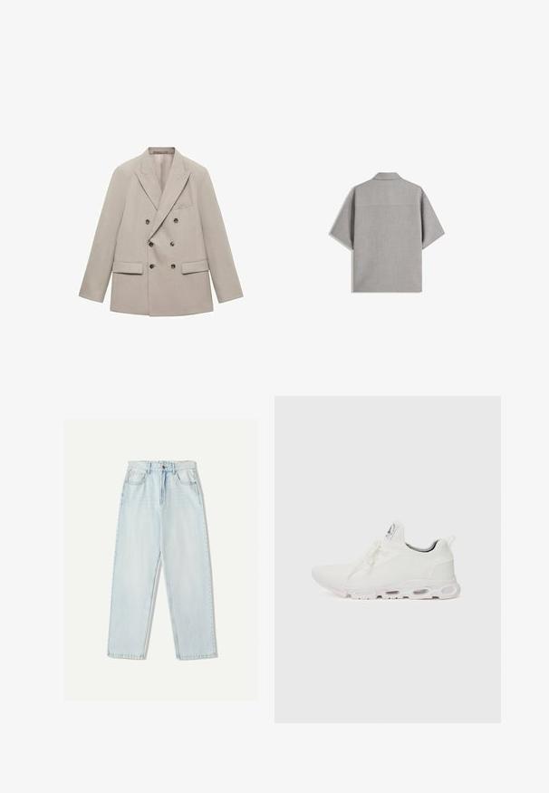Beige Doppelreiher-Blazer aus glattem Stoff, mit eingeklappten Revers, zwei vorderen Taschen und sechs dunklen Knöpfen.; Bershka SHORT SLEEVE TAILORED - Hemd - dark grey; Helle blaue Denim-Jeans mit lässiger Passform, geradem Beindesign, Fünf-Taschen-Stil und dezentem Verblassen des Stoffes.; Weiße Sportschuhe mit einem strukturierten Strickobermaterial, flachen Schnürsenkeln und einer gepolsterten Sohle mit sichtbaren Luftkammern für zusätzlichen Halt.