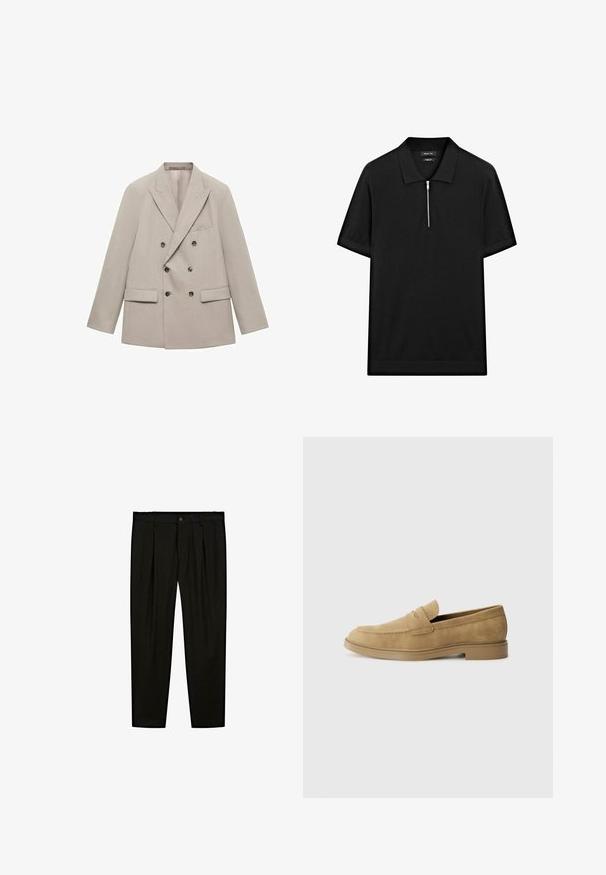 Dubbelknäppt beige kavaj i slät tyg, med utskurna slag, två framfickor och sex mörka knappar.; Svart kortärmad pikétröja med ståkrage och frontdragkedja. Tillverkad av ett mjukt tyg med en ren, minimalistisk design.; Svarta skräddarsydda byxor i ett mjukt tyg. Funktioner inkluderar slät framdel, vida ben och en knappstängning i midjan.; Tan mockasiner i mocka med rund tå, låg blockklack och sydda detaljer på ovansidan. Slät textur och minimalistisk design.