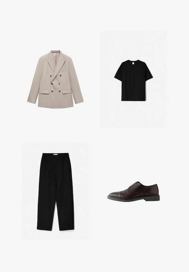 Blazer beige doppiopetto realizzato in tessuto morbido, con rever a scollo, due tasche frontali e sei bottoni scuri.; T-shirt in cotone nero con maniche corte, scollatura rotonda e vestibilità rilassata. Presenta un design semplice senza motivi o accenti.; Pantaloni neri a gamba larga realizzati in un tessuto leggero. Presentano una vita elasticizzata e una texture liscia. Senza motivi visibili o accessori.; Scarpa in pelle bordeaux scuro con lacci, punta arrotondata, suola nera piatta, dettagli di cucitura minimi e texture liscia.