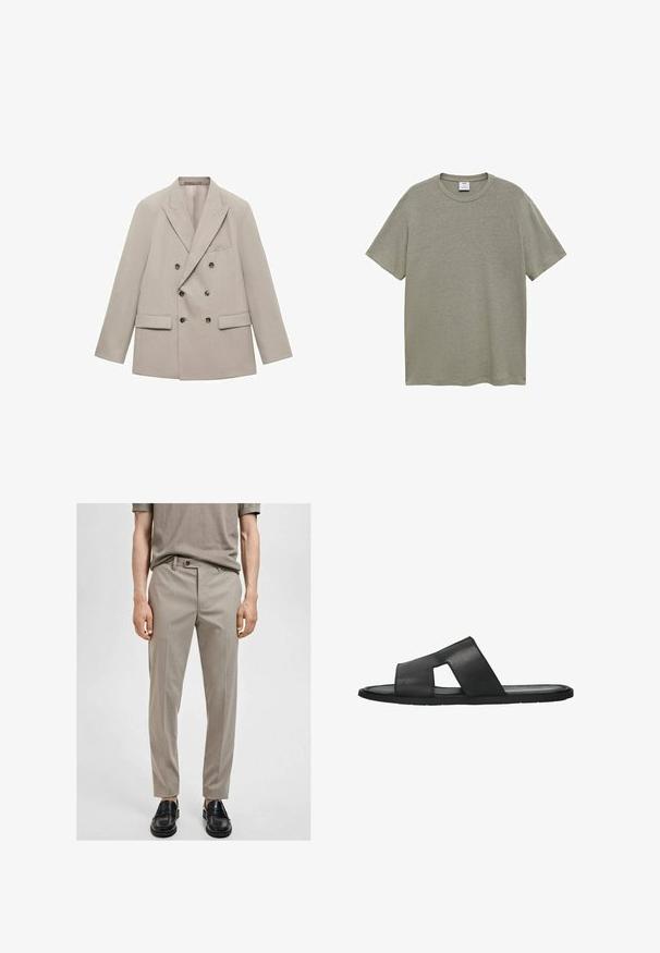 Dubbelzijdige beige blazer van gladde stof, met notch-kraag, twee voorzakken en zes donkere knopen.; Effen t-shirt met korte mouwen in licht olijfgroen, gemaakt van zachte stof, met een ronde hals en een relaxte pasvorm. Geen patronen of graphics.; Beige op maat gemaakte broek van een gladde stof, slim fit en met een voorplooi. In combinatie met zwarte instappers, die een eenvoudig, modern ontwerp tonen.; Zwarte leren slide sandaal met een open teen en twee kruisspanden, met een uitgesneden ontwerp. Flexibele rubberen zool. Gladde textuur.