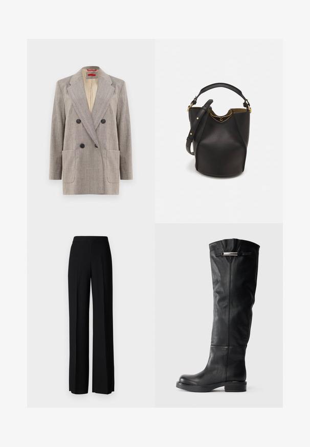 Dvojité sako světle šedé barvy s texturovanou tkaninou, klopovými límci, dvěma předními kapsami a černými knoflíky. Vnitřní část podšita béžovou látkou.; Bezramenný světle béžový top z žebrované látky, s kulatým výstřihem a čistým, minimalistickým designem.; Černé kalhoty s širokým střihem a hladkým povrchem, s vysokým pasem a středovými skladbami. Žádné viditelné vzory ani kovové detaily.; Černé kožené boots do kolen s hladkým povrchem, zaoblenou špičkou a nízkým blokovým podpatkem. Mají stříbrný akcent na horní straně.; Černá kožená kabelka ve tvaru vědra s texturovaným povrchem, zlatými kovovými akcenty a otevřeným vrchem. Obsahuje krátkou rukojeť a nastavitelný ramenní popruh.