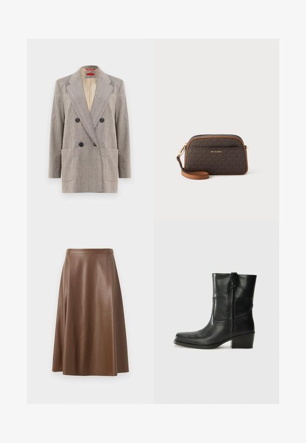 Dubbelzijdige blazer in lichtgrijs met een textuurstof, met afgeronde revers, twee voorkruiszakken en zwarte knopen. Binnenkant gevoerd met beige.; Zwarte tanktop met dunne spaghettibandjes, gemaakt van ribstof, met een rechte snit en een label op de hals dat "IVY OAK" zegt.; Bruine leren A-lijn rok met een gladde textuur en een middellange zoom. Beschikt over een aansluitende tailleband en een lichte uitlopende vorm vanaf de heupen.; Zwarte leren enkellaars met een ronde neus, blokhak, zijrits en stikselaccenten op de wreef. Gladde textuur, klassiek ontwerp.; Bruine schoudertas met een monogram patroon, tan accenten, gouden hardware, een ritssluiting en een verstelbare leren schouderband.