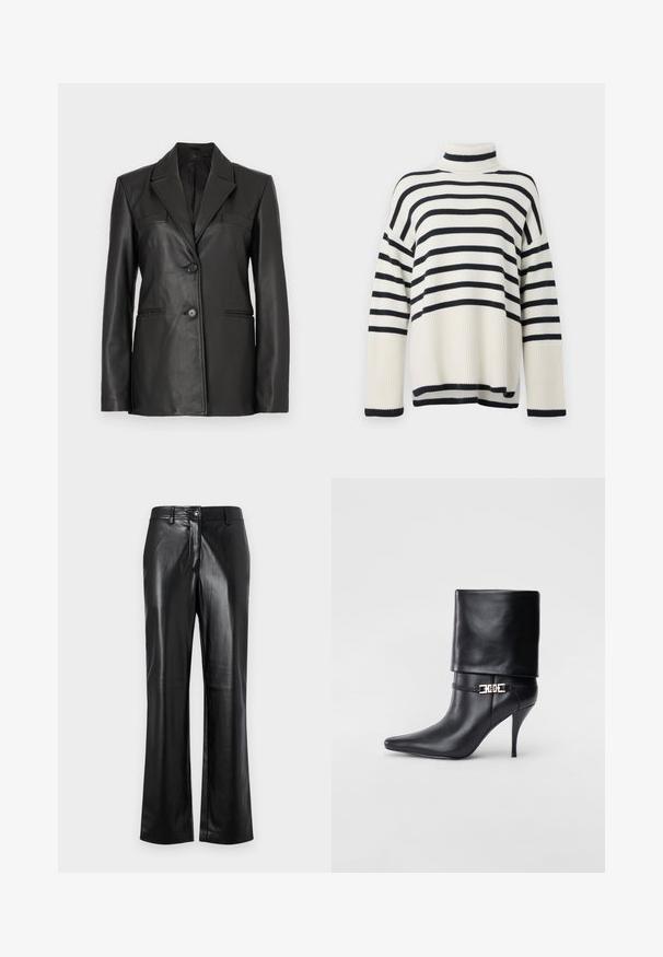 Fekete bőrdzseki testreszabott kialakítással, két elülső zsebbel és egy gombos zárással. Éles hajtókái és sima textúrája van.; Csíkos garbós pulóver bordázott textúrával, váltakozó tengerészkék és krém széles csíkokkal. Laza fazon és ejtett vállszerkezet.; Fekete bőrnadrág egyenes lábbal, elöl gombos záródással, övbújtatókkal és sima, fényes textúrával.; Fekete bőr bokacsizma hegyes orral, magas stiletto sarokkal, hajtott szegéllyel és arany díszcsattal a bokán.