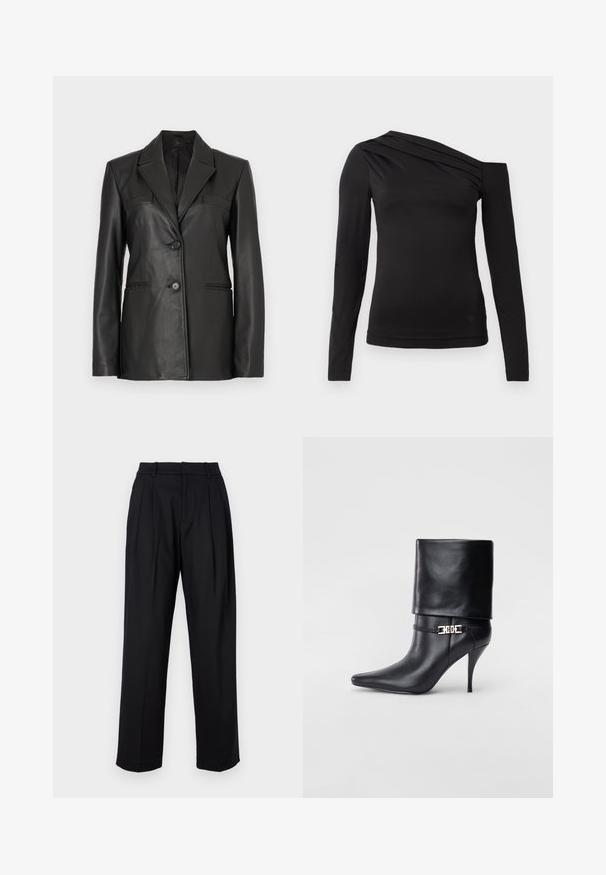 Juodas odinis bleizeris su pritaikyta forma, dviem priekinių kišenėmis ir vieno mygtuko uždarymu. Savybės - aštrūs atvartai ir glotni tekstūra.; Juoda ilga rankovė viršūnė su asimetrine apykakle, parodanti vieną petį ir švelniai drapiruota per krūtinę.; Juodos kelnės su pritaikytu dizainu, turinčios aukštą liemenį, raukšles ir tiesius džinsus. Pagamintos iš lygaus audinio, vienos spalvos.; Juodos odinės kulkšninių botų su smailiu nosiu, aukštu stiletto kulnu, apvyniojamu kraštu ir auksine dekoratyvine sagtimi prie kulkšnies.