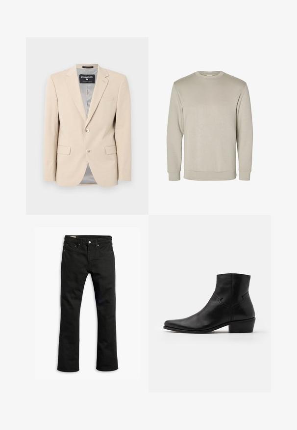 Šviesiai rudos spalvos blazeris su minkšta medžiaga, dviem priekinėmis kišenėmis, įpjovomis apykaklėmis, vienu mygtuko uždarymu ir lygiu pilku pamušalu.; Šviesiai rudas ilgomis rankovėmis megztinis su apvalia iškirpte, pagamintas iš švelnios medžiagos, su raštuotais rankogaliais ir apatine dalimi, lygia tekstūra ir minimalistišku dizainu.; Juodos džinsinės kelnės su tiesiu kirpimu, penkiomis kišenėmis, metaliniu užsegimu ir subtiliomis siuvimo detalėmis. Lygus paviršius ir vientisa spalva.; Juodi odiniai auliniai batai iki kulkšnies su smailiu nosiu, minimaliais siuvimo akcentais, vidutinio aukščio blokuotu kulnu ir lygia, blizgia danga.