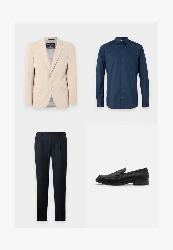 Sacou bej dintr-un material moale, cu două buzunare frontale, rever cu crestătură, închidere cu un singur nasture și căptușeală netedă gri.; Camasa albastră închis, cu mânecă lungă și butoni, confecționată dintr-un material neted. Dispune de o guler standard, placket frontal cu butoni asortați și mâneci cu manșetă.; Pantaloni negri, croiți, dintr-un material neted, cu un design slim fit, două pliuri frontale și un brâu plat fără accesorii vizibile.; Mocasini din piele neagră cu un finisaj neted, vârf rotunjit și o mică clapetă decorativă. Au un toc joasă din lemn laminat și un detaliu de branding subtil.