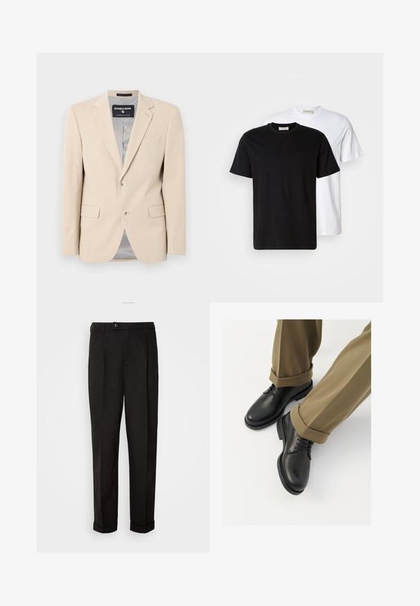 Beżowy blazer z miękkiego materiału, dwoma przednimi kieszeniami, klapami w kształcie notcha, zapięciem na jeden guzik oraz gładką szaro-srebrną podszewką.; Dwie gładkie bawełniane koszulki, jedna czarna umieszczona z przodu białej, obie z krótkimi rękawami i okrągłymi dekoltami.; Czarne spodnie o gładkiej fakturze, charakteryzujące się prostym krojem, dwoma przednimi kieszeniami oraz pojedynczym zapięciem na guzik w talii.; Czarne skórzane buty wizytowe o gładkim wykończeniu, z sznurówkami i zaokrąglonym noskiem, w połączeniu z podwiniętymi spodniami khaki.