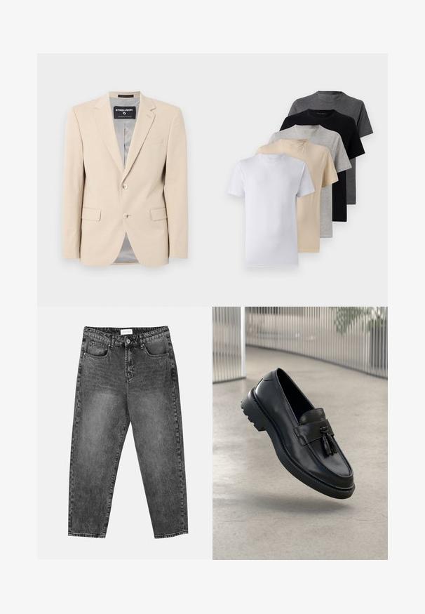 Beige blézer puha anyagból, két elülső zsebbel, éles gallérral, egysoros gombolással és sima szürke béléssel.; Öt darab rövid ujjú póló szett fehér, bézs, világosszürke, sötétszürke és fekete színekben. Simaságot biztosító pamutból készült, kerek nyakkivágással.; Fekete mosott elegáns egyenes szárú farmernadrág, elülső és hátsó zsebekkel, övhurkokkal és gombos záródással a deréknál.; Fekete bőrből készült mokaszinok sima felülettel, díszes bojttal, vastag gumitalppal és varrott részletekkel. Könnyű és elegáns kialakítás.