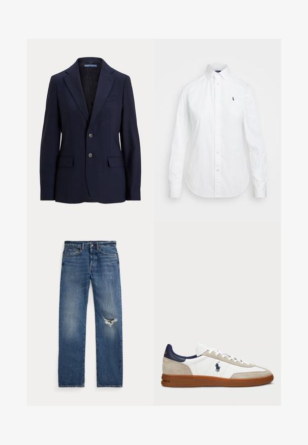 Mornarsko plavi sako krojen od glatkog materijala, sa reverom, dva prednja džepa i zatvaranjem na dva dugmeta.; Bijela košulja s dugim rukavima, uskim ovratnikom i malim plavim logom na lijevoj strani prsnog dijela. Izrađena od pamučne tkanine.; Plave traperice s srednjim strukom, pet džepova i rastrganim otvorom na desnom koljenu.; Bijele i bež tenisice s gornjim dijelom od antilopa i kože, mornarskim akcentima i smešnim gumiranim đonom. Sadrže logo sa strane i dizajn s patentnim zatvaračem.