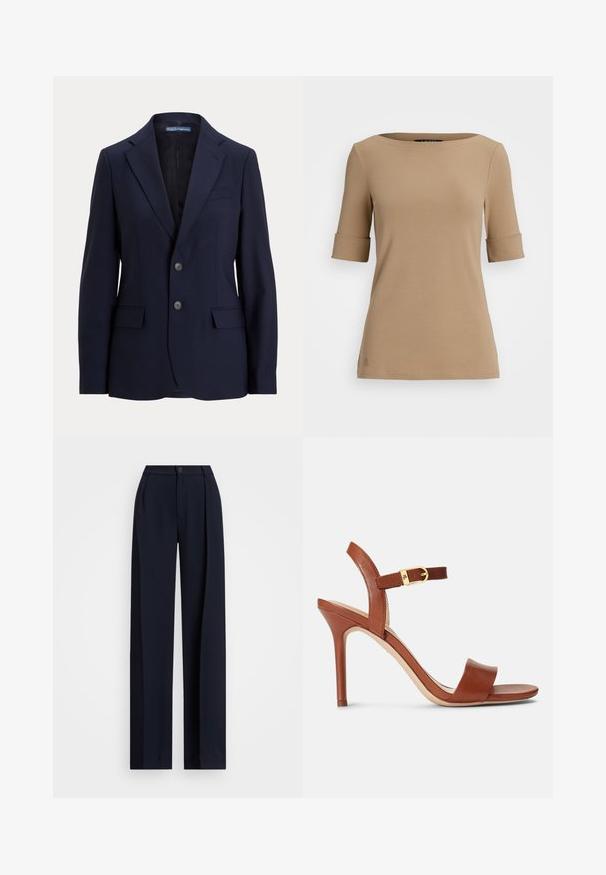 Tumši zila piegriezuma žakete no gludas auduma, ar iegriezto apkakli, divām priekšējām kabatām un diviem pogu aizdariem priekšpusē.; Bežs īsām piedurknēm tops ar apaļu kakla izgriezumu, kas piedāvā ruļļveida piedurknes un gludu tekstūru. Mazs logo elements pie apakšmalas.; Jūras spēku plati bikses ar krokām, pogu aizdari un gludu auduma tekstūru. Izstrādātas brīvai, ērtai piegulšanai.; Biezie ādas augstpapēžu sandalītes ar elegantu dizainu, regulējamu potītes siksniņu un diskretu zelta sprādzi. Atvērtā purngala un gluda tekstūra.