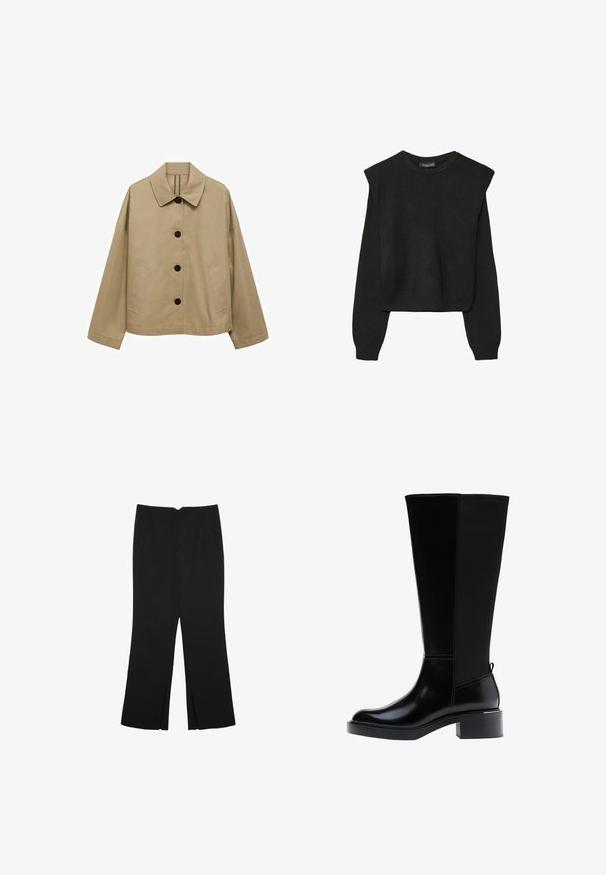 Beżowa kurtka z klasycznym kołnierzem, czarnymi guzikami, dwiema bocznymi kieszeniami i luźnym krojem. Wykonana z gładkiego materiału o lekko matowym wykończeniu.; Czarny, długi sweter z dzianiny z poduszkami na ramionach oraz prążkowanymi mankietami i dołem, pokazany na białym tle.; Czarne spodnie o prostym kroju, z przednimi kieszeniami i bocznymi rozcięciami na dole. Wykonane z miękkiego, gładkiego materiału. Odpowiednie na różne okazje.; Czarny kozaki za kolano z gładkim wykończeniem ze skóry, widocznym przeszyciem, masywnym obcasem i fakturowanym tylnym panelem dla dodatkowego efektu.