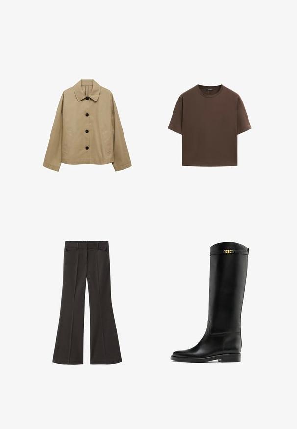 Beige sako s klasickým límcem, černými knoflíky, dvěma bočními kapsami a volným střihem. Vyrobeno z hladkého materiálu s mírně matným povrchem.; Hnědé bavlněné tričko, krátké rukávy, kulatý výstřih, volný střih, hladká textura, minimalistický design, žádné viditelné vzory ani akcenty.; Černé rozšířené kalhoty s vysokým pasem; mají dvě přední kapsy a hladkou texturu látky. Vhodné pro různé příležitosti.; Černá kožená bota po kolena s hladkým povrchem, plochou podrážkou a zlatým zdobným páskem na vrchu. Klasický a elegantní design.