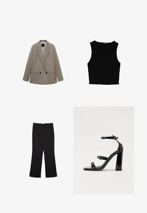 Dubbelknäppt kavaj i rutigt mönster, med en ljusbrun och mörkbrun färgskala, två framfickor och knappdekorationer.; Svart ärmlös crop top i mjukt tyg, med rund hals och en ren, enkel design utan mönster eller detaljer.; Svarta byxor med rak passform, utrustade med framfickor och sidoklyvningar vid fållen. Tillverkade av mjukt, slätt tyg. Lämpliga för olika tillfällen.; Svarta lackerade klacksandaler med fyrkantig tå, ankelremmar och silverfärgade spännen. Har en kraftig blockklack för stabilitet.