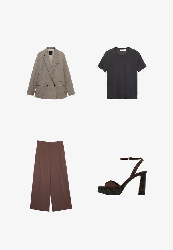 Dwurzędowa marynarka w kratkę, w jasnobeżowo-ciemnobrązowym kolorze, z dwiema przednimi kieszeniami i guzikami.; Czarna koszulka bawełniana z okrągłym dekoltem. Krótkie rękawy, luźny krój i prosty dół bez ozdób czy wzorów.; Brązowe spodnie o szerokich nogawkach z gładką fakturą, z wysokim stanem i plisami z przodu. Materiał jest lekki i luźno opada.; Brązowe zamszowe sandały na wysokim obcasie z odkrytymi palcami, regulowanym paskiem na kostce i paskowatą podeszwą.