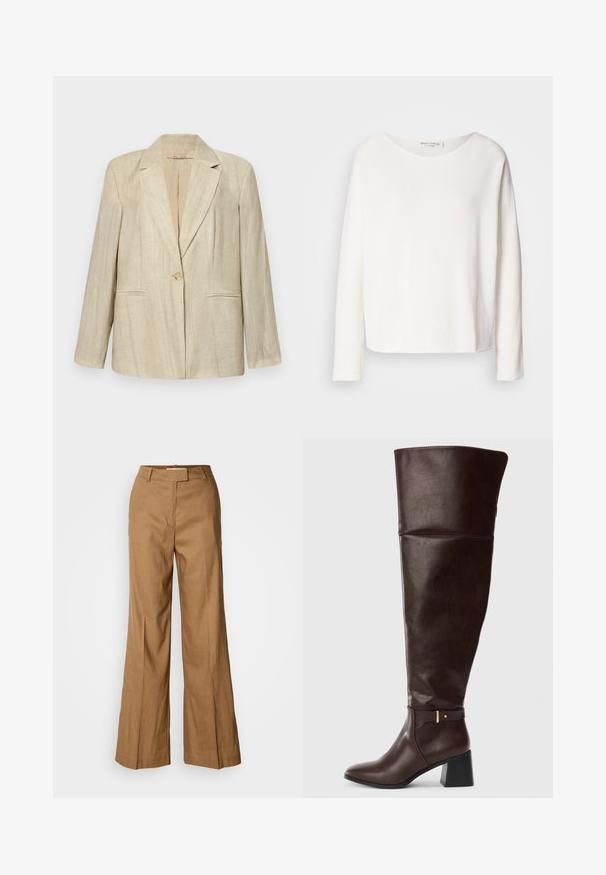 Beige bleiseri, jossa on notchkraavu, yksittäinen nappisulku ja kaksi etutaskua. Teksturoitu kangas, jossa on pystysuorat raidat. Pitkät hihat.; Pitkähihaisessa, pyöreäkaula-aukkoisessa paidassa on pehmeä, kevyt valkoinen kangas ja rento mitoitus. Tässä on siisti helma eikä näkyvää kiinnitysmateriaalia.; Ruskeat leveät housut, jotka on valmistettu kevyestä kankaasta. Ominaisuuksiin kuuluvat tasainen etuosa, vyölenkit sekä muotonsa mukauttava siluetti, jossa on nilkkapituinen leikkaus.; Tummanruskea polven yli ulottuva nahkasaapas, jossa on paksu korko ja koristeellinen hihnakiinnitys sivussa, esitettynä yksinkertaista vaaleaa taustaa vasten.