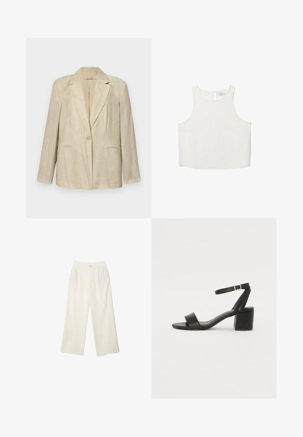 Béžový blazer s klapkovým golierom, jedným gombíkom a dvoma prednými vreckami. Štruktúrovaná tkanina s vertikálnymi pruhmi. Dlhé rukávy.; Biele bezrukávové tričko s okrúhlym výstrihom, ktoré má jemnú textúru, detail s kľúčovou dierkou na chrbte a rovný lem.; Široké nohavice z krémovej látky s hladkou textúrou, s jedným predným gombíkom, jemnými skladmi a vysokým pásom.; Čierne sandále na podpätku so hladkým koženým vrchom, otvorenou špičkou, širokými prednými prúžkami a nastaviteľným členkovým popruhom so zlatým prackom.