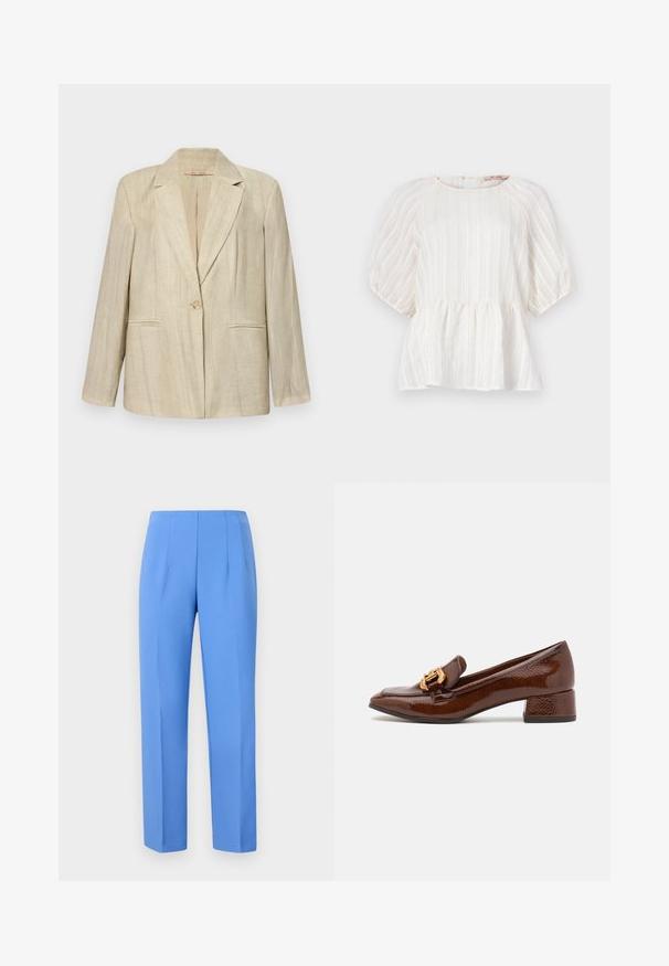 Bež jakna z izrezanim ovratnikom, z enim gumbom in dvema sprednjima žepoma. Tekstura tkanine z navpičnimi črtami. Dolgi rokavi.; Bela bluzica z vertikalnimi črtami, kratkimi napihnjenimi rokavi, okroglim izrezom in nabranim peplum robom. Narejena je iz lahkega, teksturiranega materiala.; Modre prilagojene hlače iz gladkega materiala s stranskimi naborki, z ravnim krojem in čistim pasom. Brez vidne kovine ali vzorcev.; Brahkni usnjeni mokasini z sijočo površino, ki imajo dekorativno zlato zaponko spredaj in nizko blok peto. Klasična zasnova.