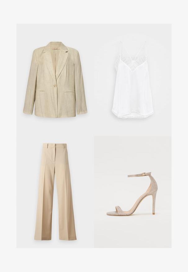 Beige blézer, amelyet nyakkal, egysoros gombzárral és két elülső zsebbel terveztek. Texturált anyag függőleges csíkokkal. Hosszú ujjú.; Fehér pántos top V-nyakkivágással, vékony pántokkal, texturált csipke díszítéssel a vállaknál és ívelt szegéllyel. Simás anyagfelület.; Beige színű, bő szabású nadrág sima anyagból, lapos elejével, redőkkel, cipzáras záródással és övhurkokkal. Összességében testreszabott szabású.; Fém rózsaarany színű, pántos magassarkú szandál, texturált felsőrésszel, nyitott orral és arany csattal díszített bokapánttal.