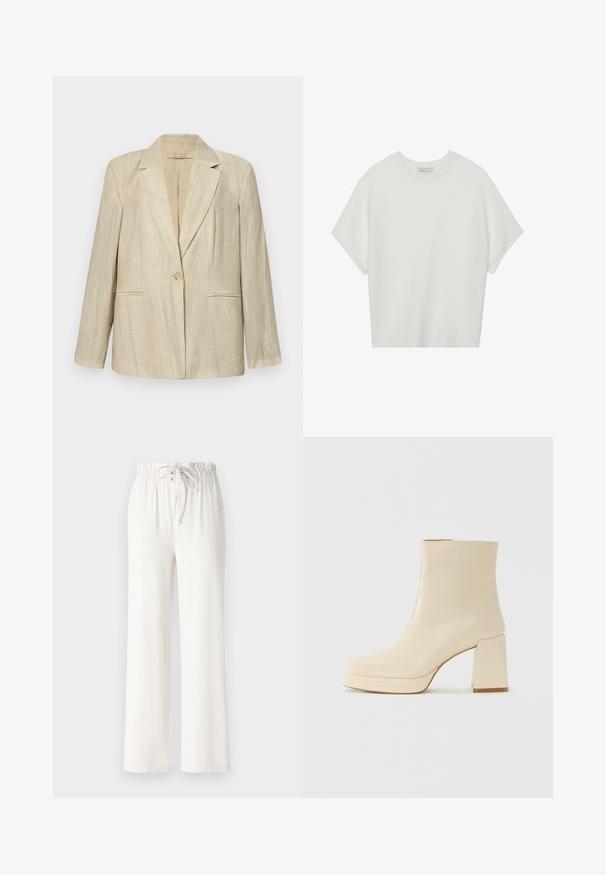 Gaiši brūns žakets ar nazola apkakli, vienu pogu un divām priekšējām kabatām. Tekstūrēts audums ar vertikālām svītrām. Garas piedurknes.; Balta īsā piedurknē T-krekls ar plašu apļa kaklu un teksturētu ribu rakstu, izgatavots no mīksta auduma, ar brīvu piegriezumu un tīru dizainu.; Baltas platās bikses, izgatavotas no mīkstas auduma, ar punktu jostas vietā un gludu tekstūru. Nav redzami raksti vai rotājumi.; Beige ādas potītes zābaki ar blokveida papēdi un platformas zoli, gluda virsma un nedaudz kvadrātveida purngali, vērsti pa kreisi uz balta fona.