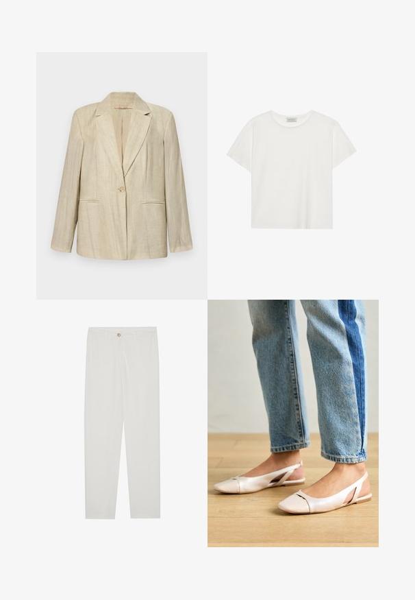 Beige bleiseri, jossa on notchkraavu, yksittäinen nappisulku ja kaksi etutaskua. Teksturoitu kangas, jossa on pystysuorat raidat. Pitkät hihat.; Valkoinen lyhythihainen T-paita, joka on valmistettu pehmeästä puuvillasta. Siinä on pyöreä kaula-aukko ja rento istuvuus. Siisti muotoilu ilman näkyviä kuvioita tai yksityiskohtia.; Valkoiset, muotoon ommellut housut, joissa on suora lahjerakenne, napillinen sulkeminen, vyölenkit ja sivutaskut; sileä kangas.; Vaaleanpunaiset slingback-ballerinat, joissa on terävä kärki, valmistettu sileästä nahkamaisesta materiaalista. Sivujen leikkuuyksityiskohdat ja tasapohja.