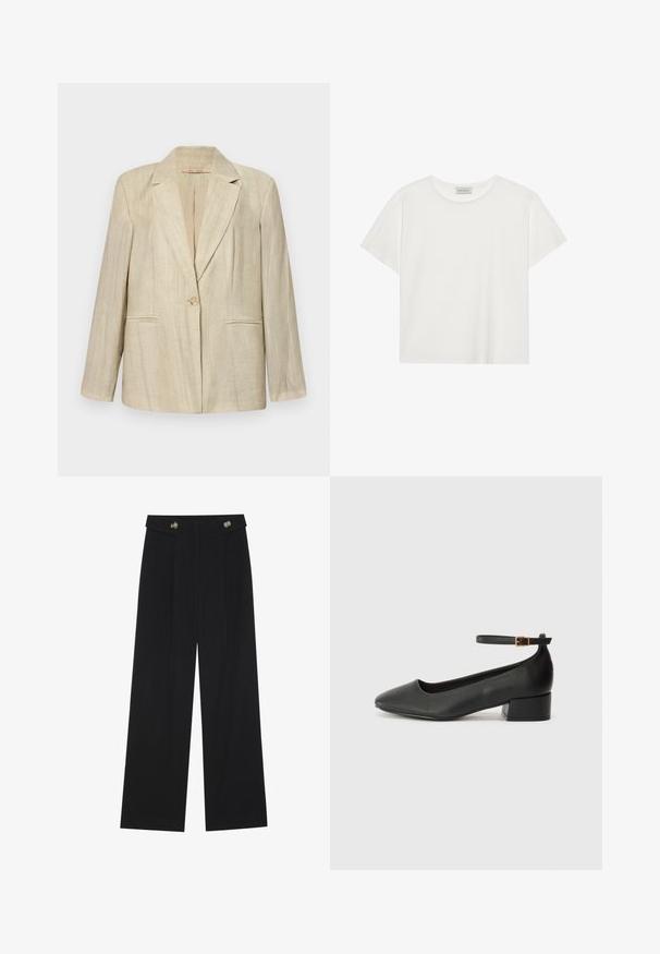 Gaiši brūns žakets ar nazola apkakli, vienu pogu un divām priekšējām kabatām. Tekstūrēts audums ar vertikālām svītrām. Garas piedurknes.; Balts īsām piedurknēm T-krekls, kas izgatavots no mīksta kokvilnas. Tam ir apaļš izgriezums un brīvs piegriezums. Tīrs dizains bez redzamām rakstiem vai akcentiem.; Melnas platās bikses ar augstu jostasvietu, pogu detaļām uz jostas un priekšējām krokām.; Melnas ādas sūkņi ar smailu purngalu un zemu bloku papēdi. Iezīmēts ar potītes siksniņu ar zelta krāsas sprādzi. Gluda tekstūra.