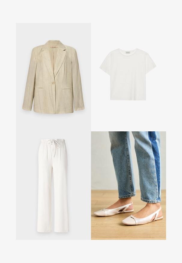 Bež bleiser, millel on sakiline krae, ühekordne nupukinnitus ja kaks eesmist taskut. Tekstuuriga kangas vertikaalsete triipudega. Pikad varrukad.; Valge lühikeste varrukatega t-särk, mis on valmistatud pehmest puuvillast. Omab ümmargust kaelust ja mugavat lõiget. Puhtad jooned, ilma nähtavate mustrite või aktsentideta.; Valged laiad püksid, mis on valmistatud pehmest kangast, nööriga vöökohaga ja siledast tekstuurist. Muster ega kaunistused pole nähtavad.; Kahvatu roosa slingback lapikute jalatsite paar, millel on terav varvas, valmistatud siledast nahataolisest materjalist. Omab külgedel lõikekohti ja lapikut kontsa.