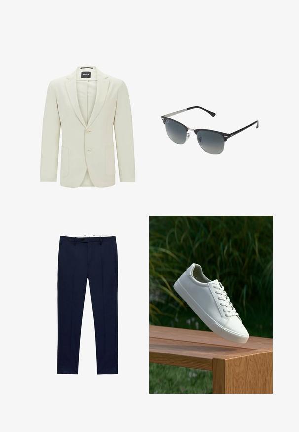 Blazer beige chiaro realizzato in tessuto testurizzato. Presenta un revers a punta, due tasche frontali e una chiusura a un bottone.; T-shirt bianchi a maniche corte impilati, realizzati in cotone. Presentano un collo rotondo e un taglio dritto. Il tessuto appare liscio senza pattern.; Pantaloni blu navy con vestibilità slim e motivo a righe sottili. Presentano una chiusura con zip, passanti per cintura e tasche frontali. Tessuto dalla texture liscia.; Sneaker bianco con lacci sospeso sopra una panchina di legno, con fogliame verde sullo sfondo, che mette in mostra il design e la texture della scarpa.; Occhiali da sole neri e argento con forma a occhio di gatto, lenti sfumate e dettagli metallici sulla montatura. Aste in plastica con punte grigie.