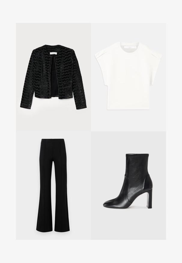 Black cropped jacket with a textured, zigzag pattern, featuring metallic threads for shimmer. No fastenings, round neckline, and long sleeves.; White boxy t-shirt with short sleeves. Made from smooth fabric, featuring a round neckline and subtle shoulder accents. Simple design.; Black flared pants with a high waist, made of stretchy fabric. Features vertical seam details on the front and a smooth texture.; Black leather ankle boot with a sleek design, pointed toe, and a high block heel. Features smooth texture and minimalistic stitching detail.