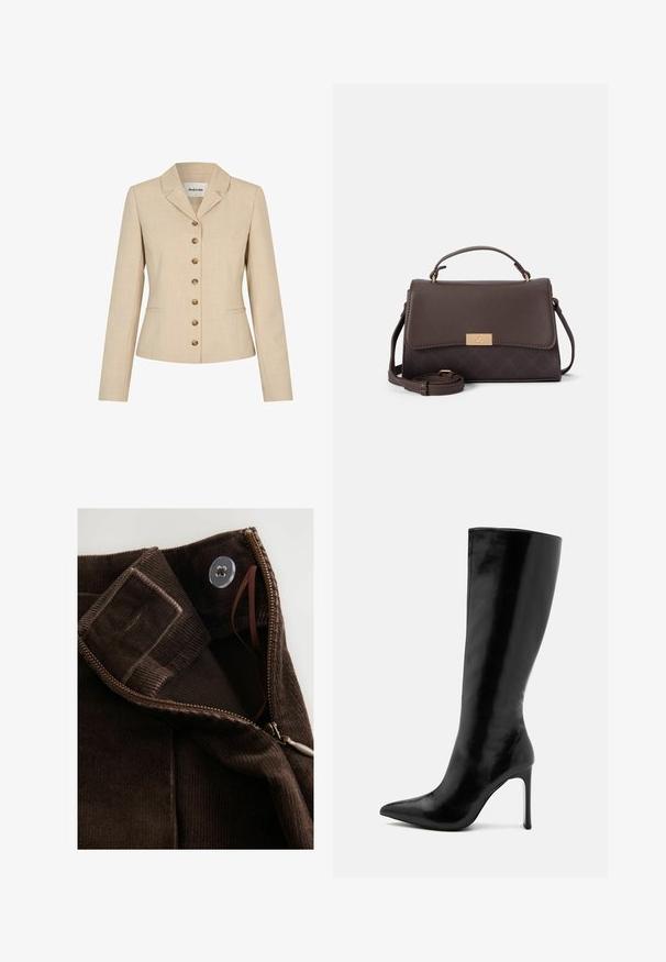 Blazer bej cu o croială ajustată, având un guler cu decupaj, șase nasturi aurii și două buzunare laterale. Material texturat.; Pulover negru cu gât înalt, realizat dintr-un material tricotat ușor. Are mâneci lungi, un design ajustat și o textură moale cu caneluri.; Material de catifea maro cu o textură netedă, dotat cu un fermoar, închidere cu buton și un tab interior pentru fixare sigură.; Cizmă neagră până la genunchi, realizată din piele lucioasă, având vârful ascuțit și un toc subțire de tip stiletto. Textură netedă cu un design minimalist.; Geantă din piele ecologică maro cu un design structurat, curea pentru umăr detasabilă și închidere de tip carabină cu nuanță aurie. Prezintă un model texturat la bază.