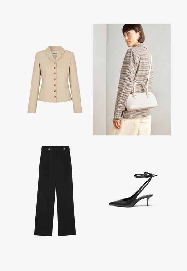 Beige blazer with a tailored fit, featuring a notched collar, six gold-tone buttons, and two side pockets. Textured fabric.; Black ribbed tank top with a square neckline and slim, adjustable straps. The fabric features a textured pattern and a fitted design.; Black wide-leg trousers with high waist, button details on waistband, and front pleats.; Black leather stiletto shoe with a pointed toe, open back, and ankle straps tied in a bow. Slim 3-inch heel. Smooth texture, minimalist design.; White structured handbag with short handles and a shoulder strap, featuring gold hardware accents and textured material, displayed against a grey background.
