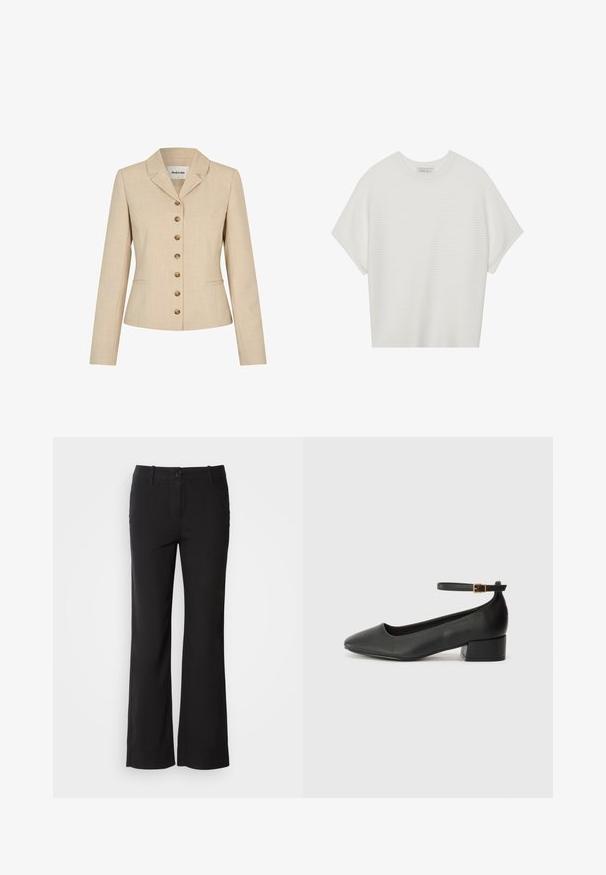 Beige bleiser, mille sobivusega, millel on lõigatud kaelus, kuus kuldset nuppu ja kaks küljetaskut. Tekstuuritud kangas.; Valge lühikeste varrukatega T-särk laia ümaraha kaelusega ja tekstureeritud ribapatterniga, pehmest kangast, lõdva istuvuse ja puhta disainiga.; Mustad puuvillasegu püksid sirge lõikega, ees nupuga kinnitamine ja kaks külge taskut. Sile tekstuur, nähtavaid mustreid ei ole.; Must mustaapp, millel on terav nina ja madal blokk-kand. Omab pahkluu rihma koos kuldse tooni pandlaga. Sile tekstuur.