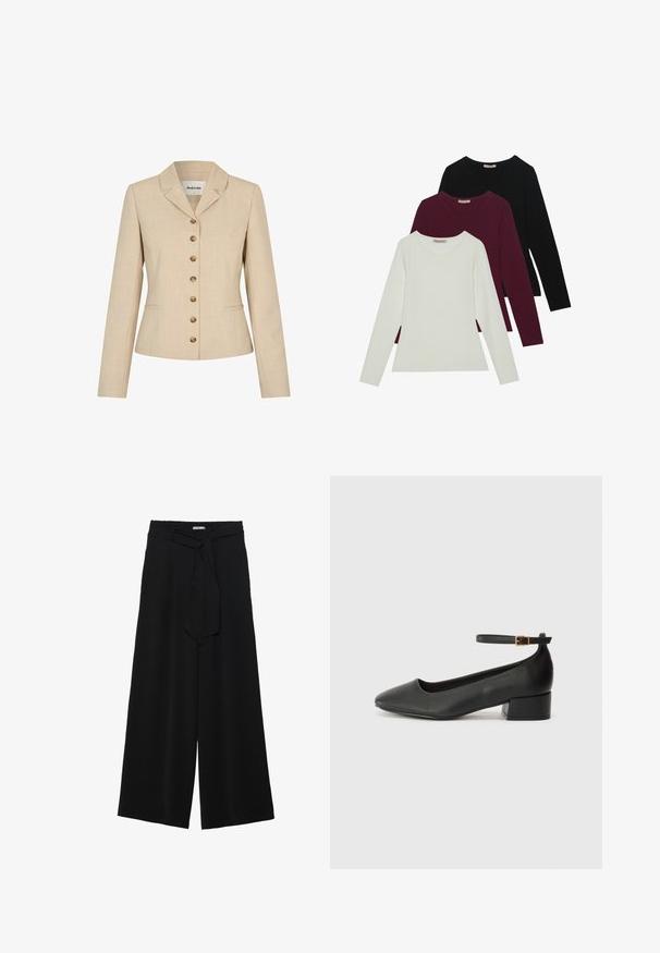 Beige blazer med en skreddersydd passform, med notched krage, seks gullfarget knapper og to sidelommer. Teksturert stoff.; Langermede t-skjorter i hvit, burgunder og svart. Laget av myk stoff med rund hals og tettsittende design. Egnet for lag-på-lag-styling.; Svart vide bukser med teksturert stoff, elastisk midje og avtagbart belte som gir justerbar passform.; Sorte skinnpumper med spiss tå og lav blokkhelt. Har ankelrem med gullfarget spenne. Glatt tekstur.