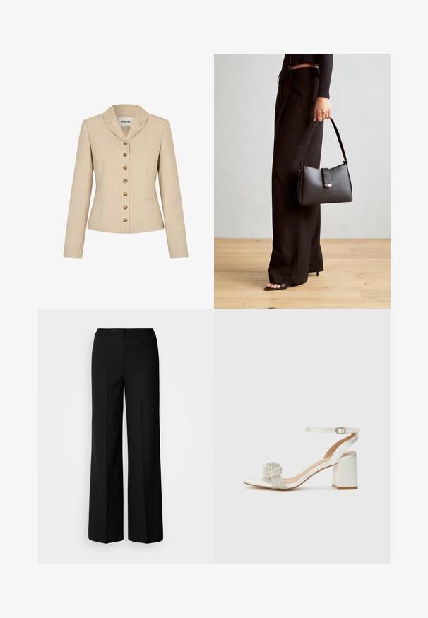 Beige bleiseri, joka on muotoiltu istuvaksi ja jossa on lovettu kaulus, kuusi kultasävyistä nappia sekä kaksi sivutaskua. Rakenteellinen kangas.; Valkoinen lyhythihainen t-paita pehmeästä kankaasta. Ominaisuuksina pyöreä pääntie ja hieman laatikkomainen muoto. Sileä tekstuuri, minimaalinen yksityiskohtaisuus.; Mustat leveät housut, joissa on sileä kangas, korkea vyötärö, muotoillut saumat ja minimalistinen muotoilu. Ei näkyvää varustusta tai taskuja.; Valkoinen avonainen sandaali paksulla lohkokorkolla, jossa on tekstuurilla varustettu glitter-nauha jalan päällä ja säädettävä nilkkahihna.; Musta käsilaukku, jossa on rakenteellinen muoto, sileä pinta ja metallinen solki. Yhdistetty leveisiin mustiin housuihin ja avonaiheisiin sandaaleihin puulattialla.