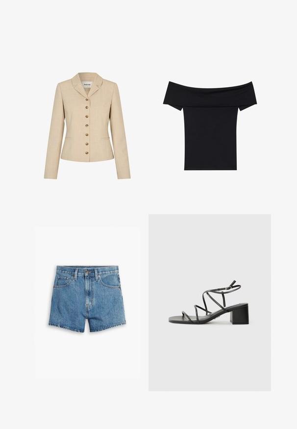 Blazer bege com um corte ajustado, apresentando um colarinho com corte em bico, seis botões em tom dourado e dois bolsos laterais. Tecido texturizado.; Top preto de ombros à mostra, feito de um tecido elástico e suave. Apresenta mangas curtas e uma silhueta ajustada. Design simples e sem costuras.; Bermudas de ganga em azul claro, com cinco bolsos, fecho de correr e fecho de botão. A bainha está desfiada com um design de corte descontraído.; Sandálias pretas com tiras, com bico quadrado e salto grosso, feitas de um material suave. Apresentam tiras ajustáveis no tornozelo e hardware minimalista.