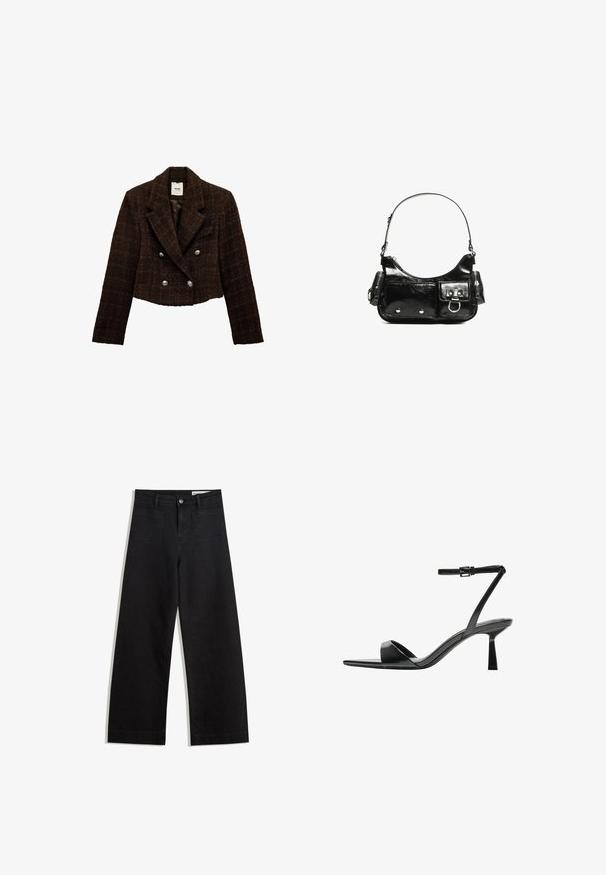Bruin getweven cropped dubbelgebreid jack met een gekarteld kraag, zilveren knopen en een textuurafwerking. Gevoerd interieur in een effen kleur.; Zwart gebreid trui met lange mouwen, voorzien van gewatteerde schouders en geribbelde manchetten en onderrand, weergegeven tegen een witte achtergrond.; Zwarte denim broek met wijde pijpen en een hoge taille, voorzien van voor- en achterzakken, gestikte naden en een knoopsluiting. Gladde textuur.; Bershka Sandalen met hoge hak - black; Zwarte laarzen in lakleer met een gebogen vorm, één schouderband, voorvakken en accenten in zilverkleurig metaal.