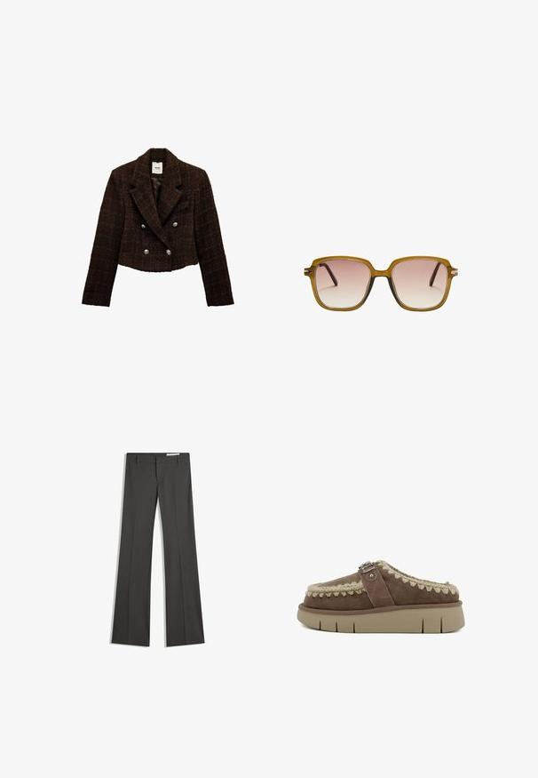 Braune Tweed-verkürzte Doppelreiherjacke mit einem Reverskragen, silbernen Knöpfen und einer strukturierten Oberfläche. Gefüttertes Interior in einer einfarbigen Ausführung.; Weißes Tanktop mit gerippter Textur, mit schwarzem Besatz entlang des Halsausschnitts und der Armausschnitte. Einfaches, ärmelloses Design.; Graue weit ausgestellte Hosen aus einem glatten Stoff, mit flachem Frontbereich, Gürtelschlaufen und einem maßgeschneiderten Design mit klaren Linien.; Braune Wildleder-Slipper mit einem geflochtenen beigen Akzent und silbernem Schnallen-Detail, ausgestattet mit einer dicken, strukturierten beigen Sohle.; Quadratische Sonnenbrille mit einem hellbraunen transluzenten Rahmen, gradienten pinken Gläsern und dunkelbraunen Bügeln. Minimalistisches Design mit subtilen Hardware-Akzenten.